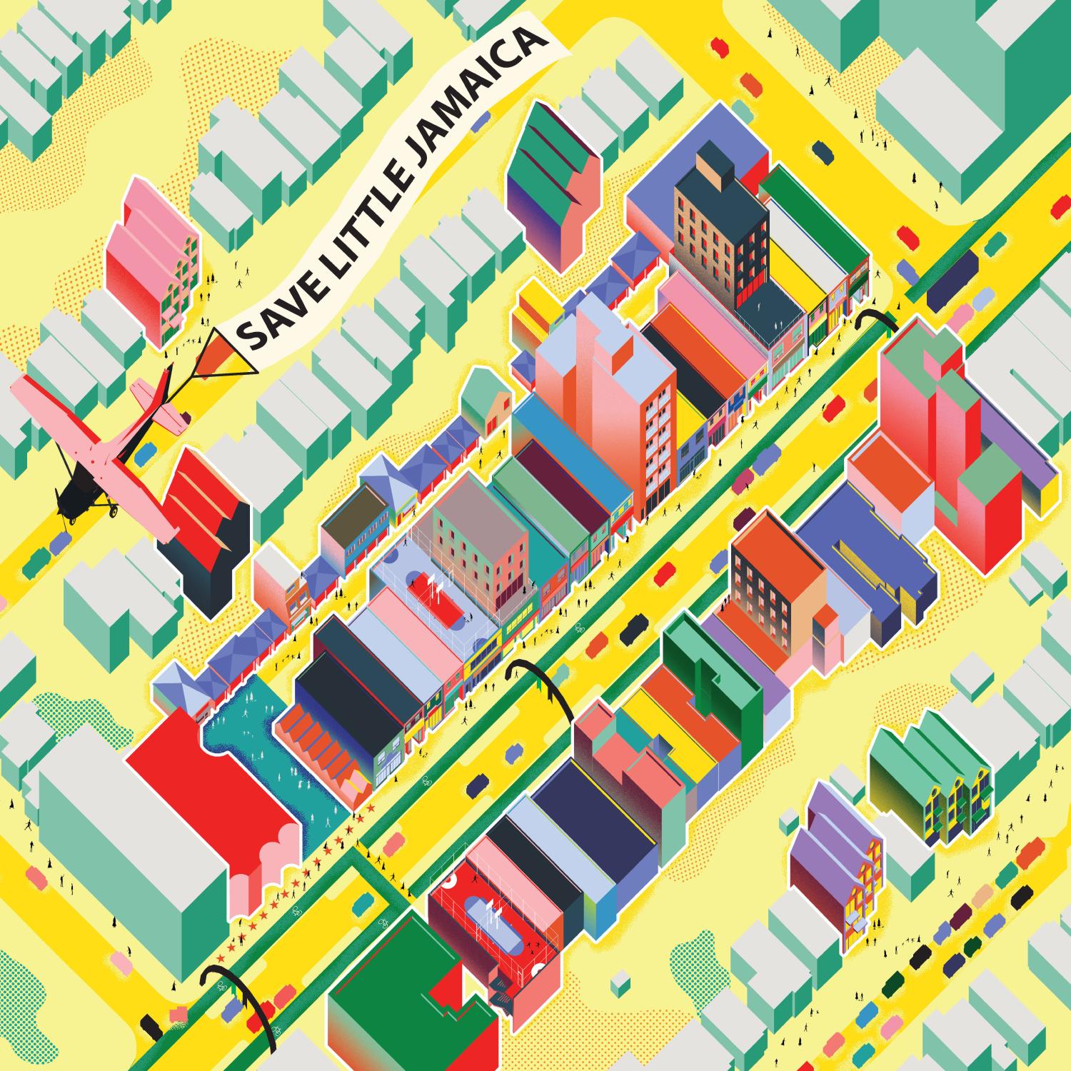 3-D view of little Jamaica with a plane flying a banner that reads Save Little Jamaica