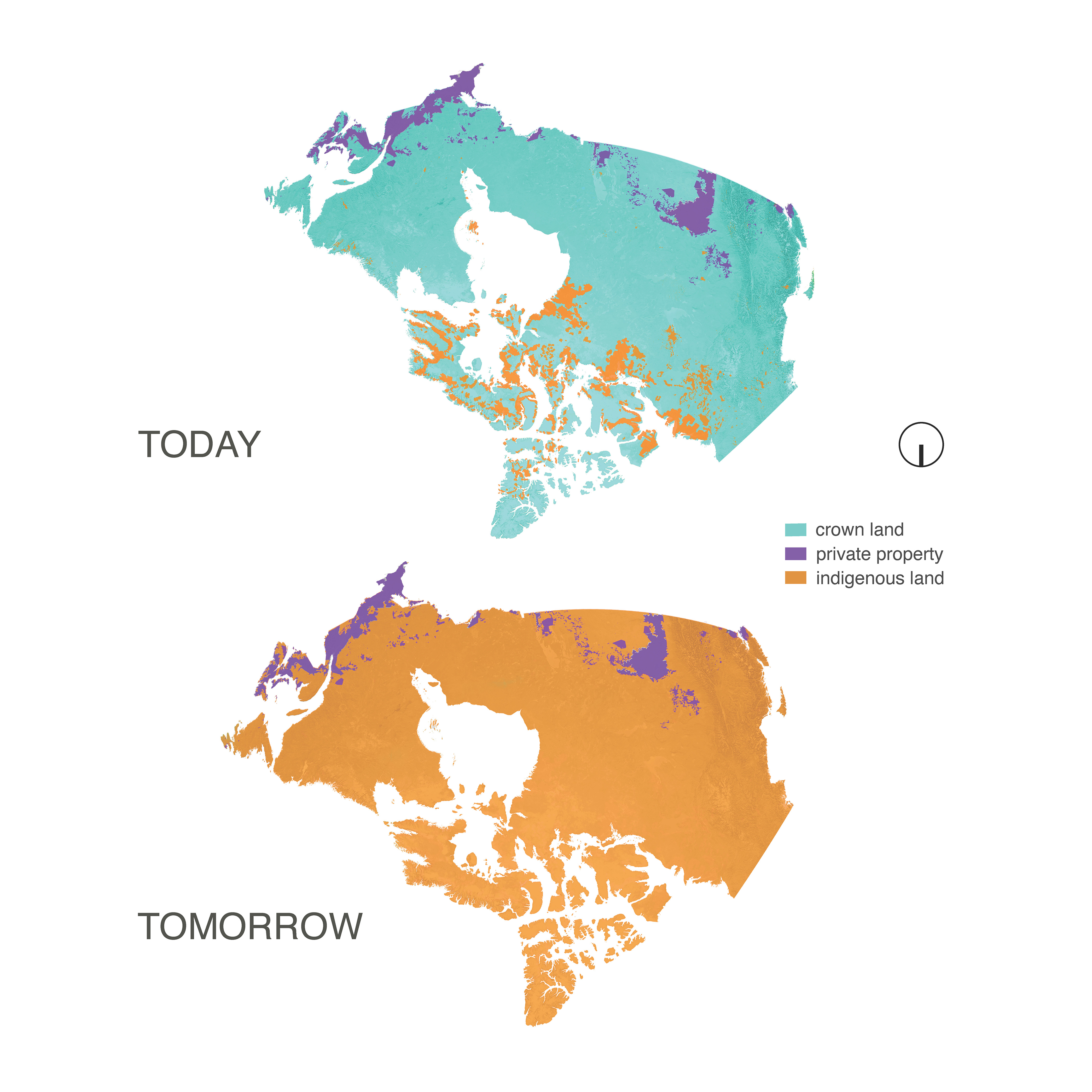Two inverted maps of Canada displaying current and future land ownership conditions wherein crown land is returned to indigenous nations, making Canada a majority indigenous land