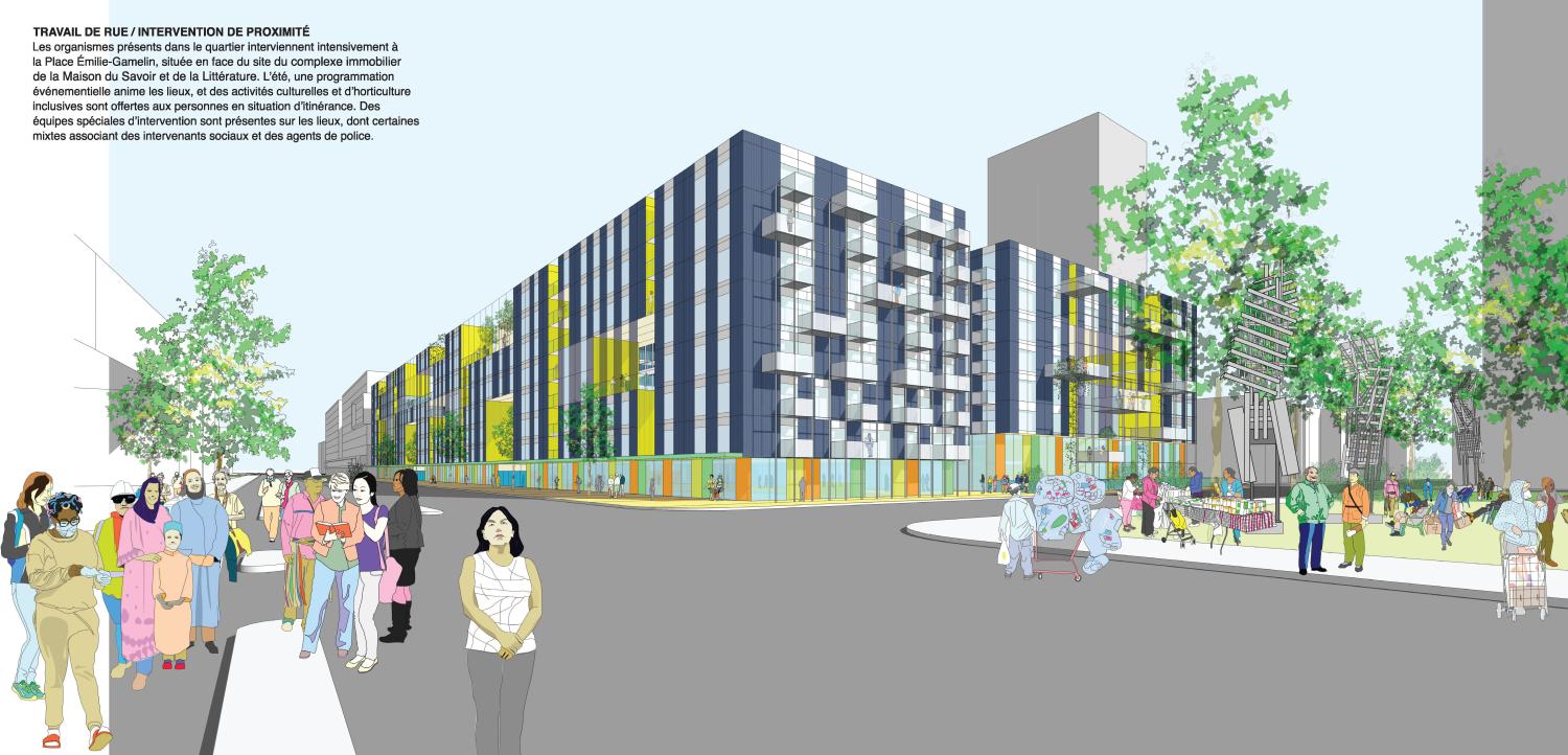 Perspective view of an eight story mixed use apartment building clad in blue tile and yellow glass. People of diverse backgrounds engage in public activities on both the left and right foreground of the image.