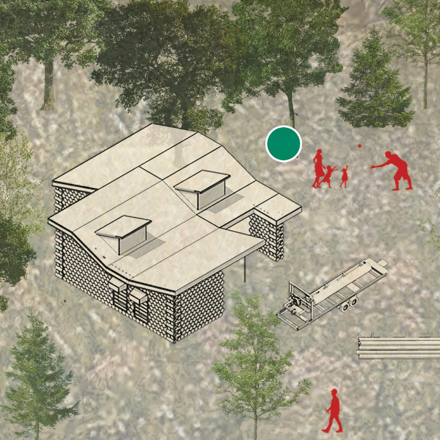 3D drawing of wood building with a group of people outside.