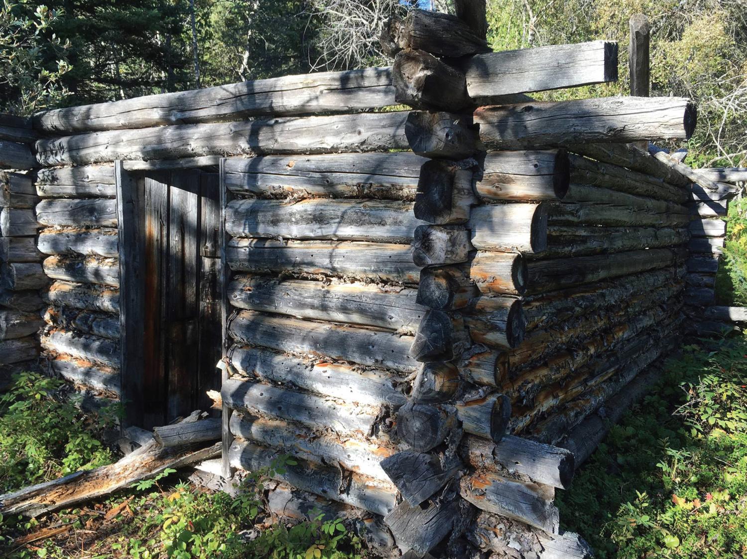 Image of log cabin from the exterior with a door in the foreground. 