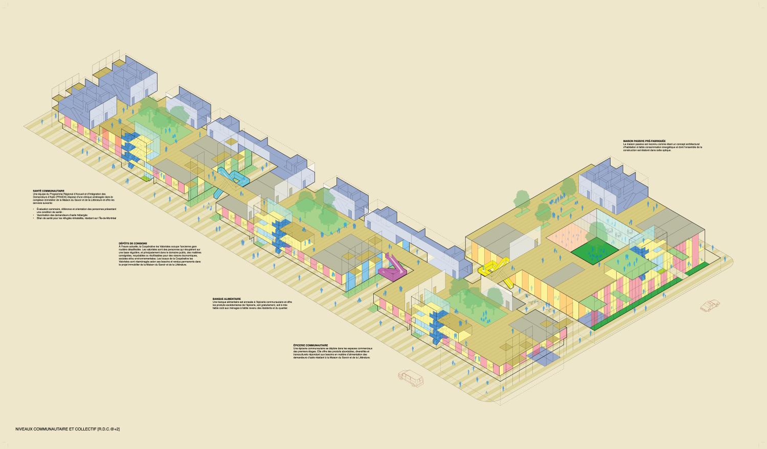 3-D diagram of the building highlighting an elevated interconnected path connecting the various programs present in the building which include: a health clinic, thrift and recycling centre, food bank, and grocery store.