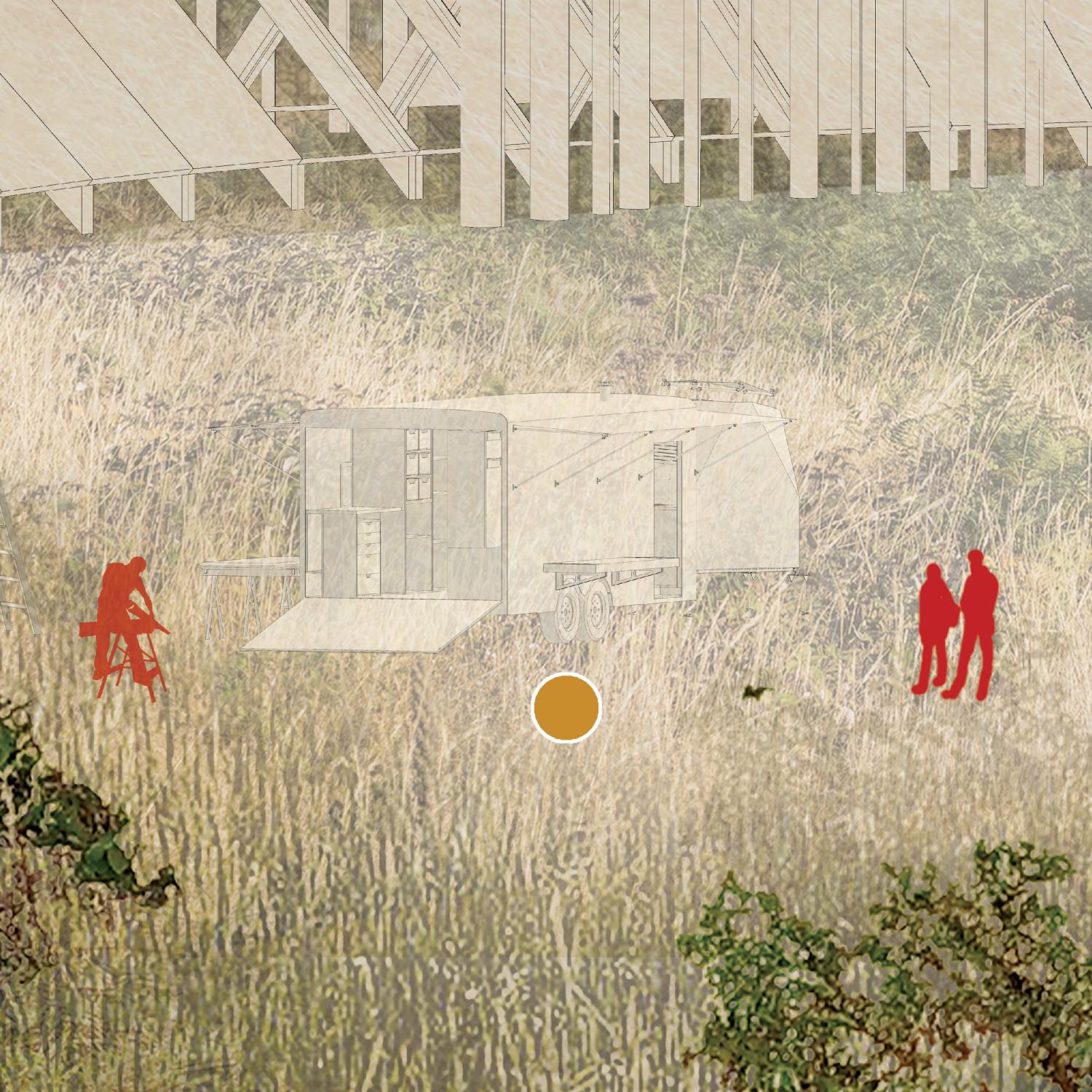 Mobile trailer home with deployable awnings and storage on the inside.