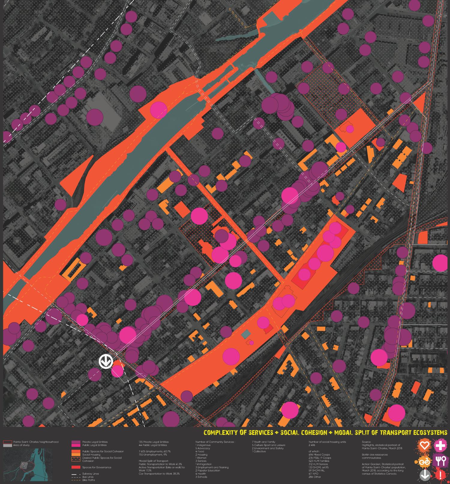 Neighborhood map of Pointe Sainte-Charles showing dots for public and private services entities, red fills for public spaces of governance, and white dashed lines for transit corridors.