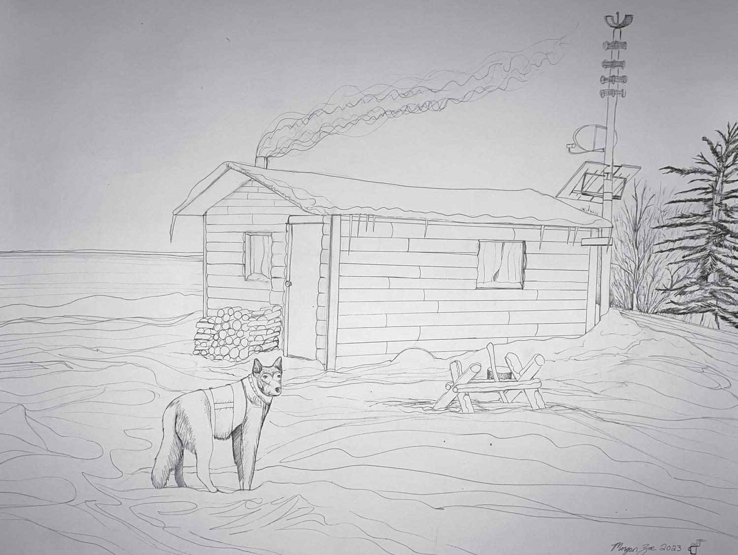 Pencil drawing of a cabin surrounded by snow with a dog in the foreground.