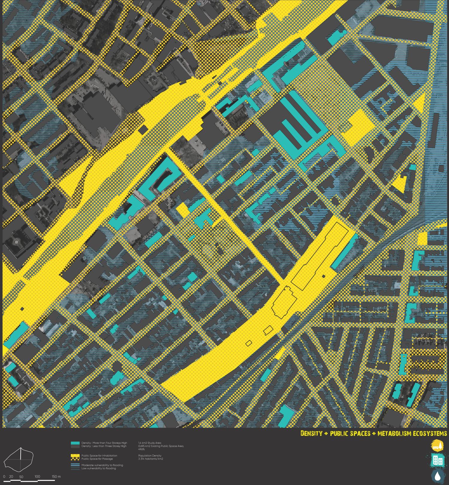 Neighborhood map of Pointe Sainte-Charles showing yellow fills for public spaces, blue for population density, and a dense crosshatch for flood vulnerability.