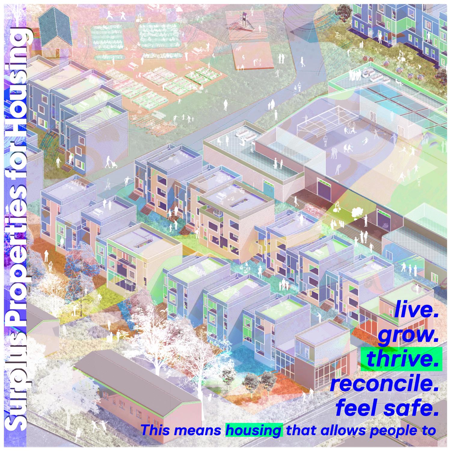 Multi-coloured 3-D view of three story middle density apartment housing centred around an arena style community centre.