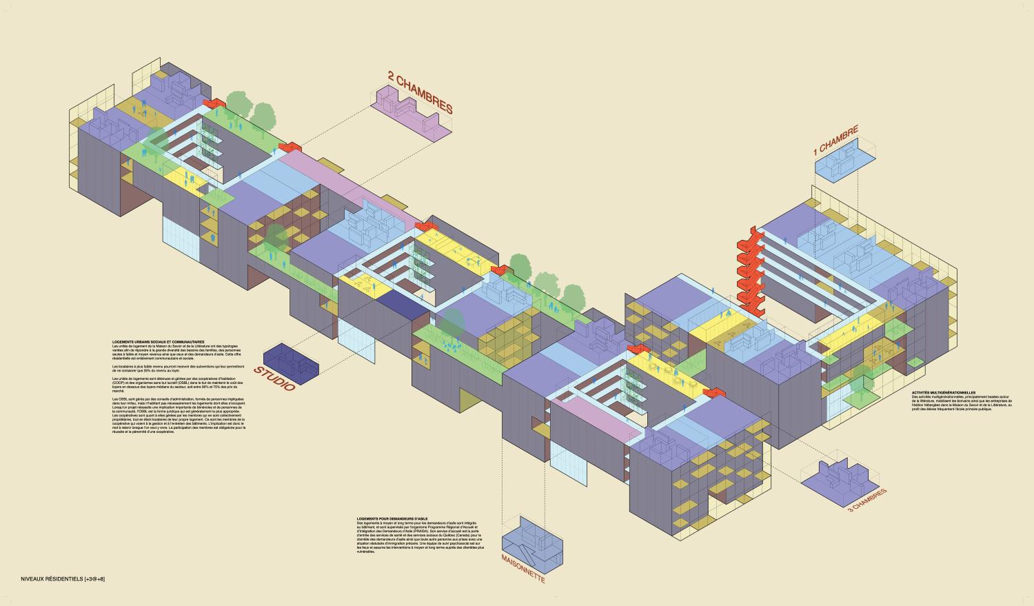 3-D diagram of the building highlighting the spatial configurations of the various residential suites in the project.