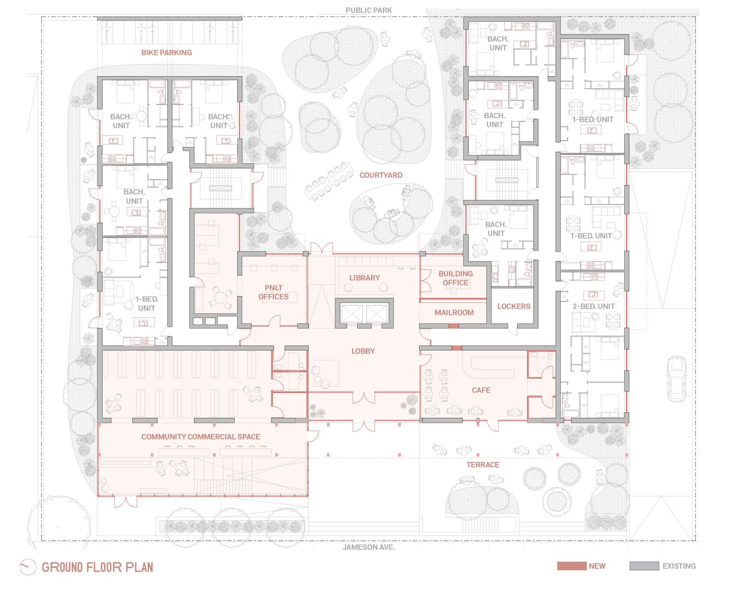 Ground floor plan of the proposed renovations for 109 Jameson which include a community commercial space, library, cafe, Parkdale Neighborhood Land Trust offices, and a courtyard