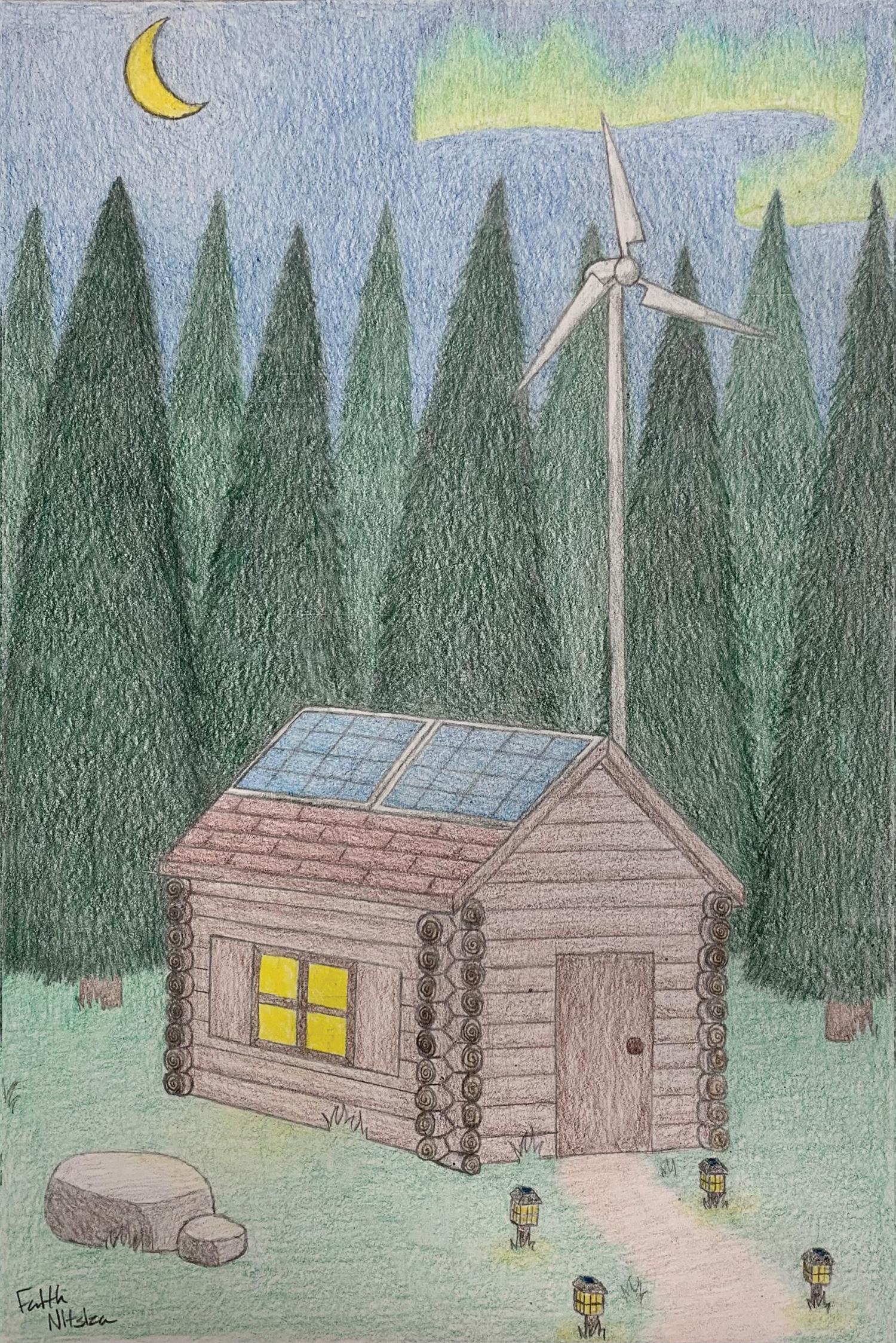 Colour drawing of a cabin in a forest with solar panels and a wind turbine. Northern lights and crescent moon are in the sky above.