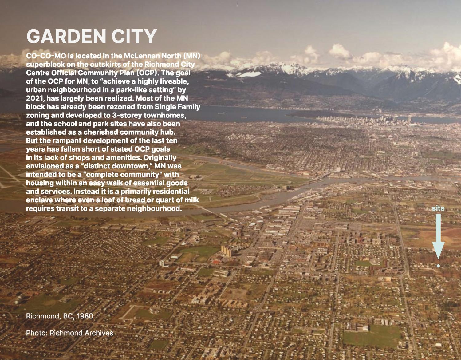 Aerial image of Richmond BC with Vancouver and the mountains in the background.