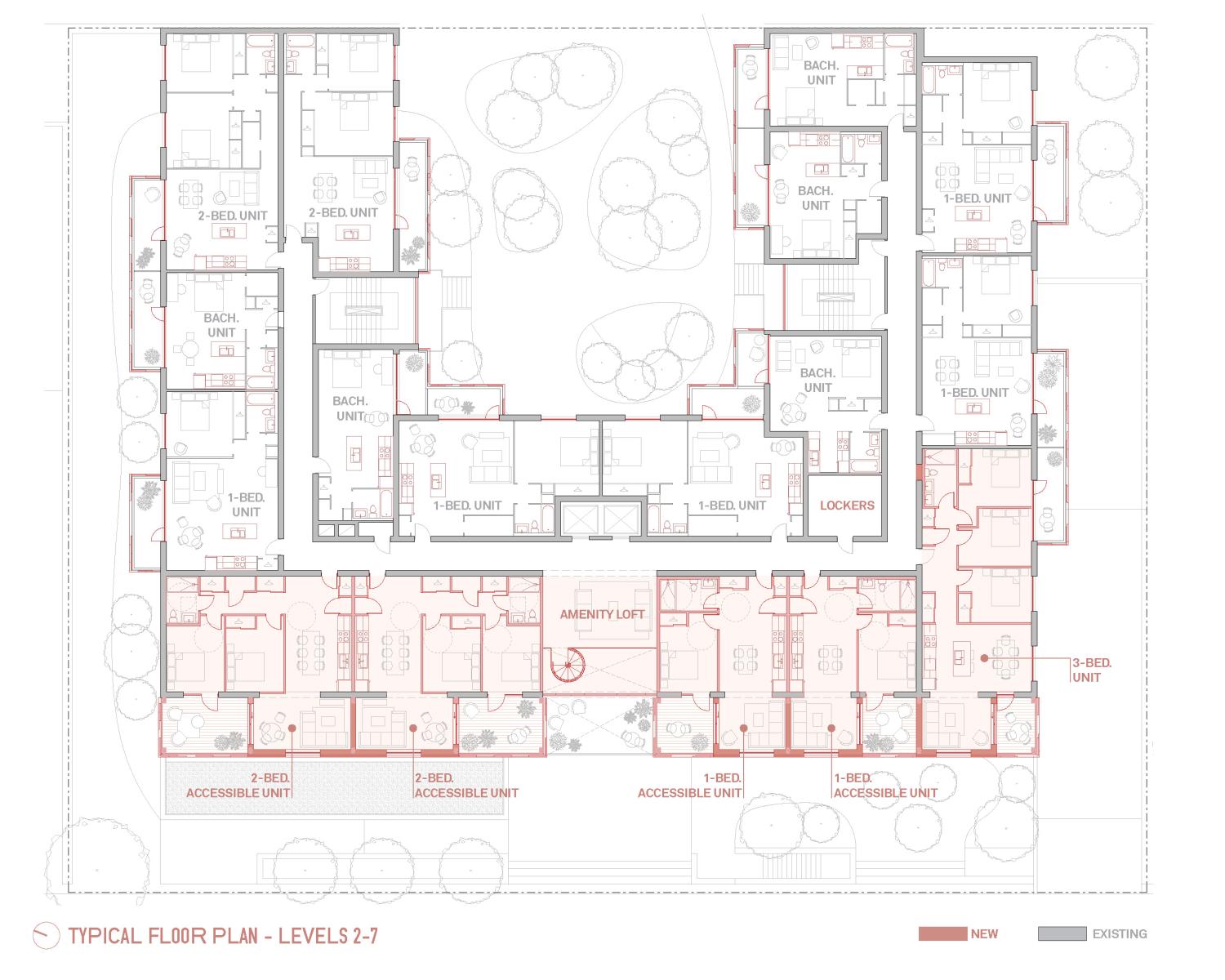 Typical floor plan from levels 2 to 7 showing the new accessible units which can be added thanks to the façade renovation.