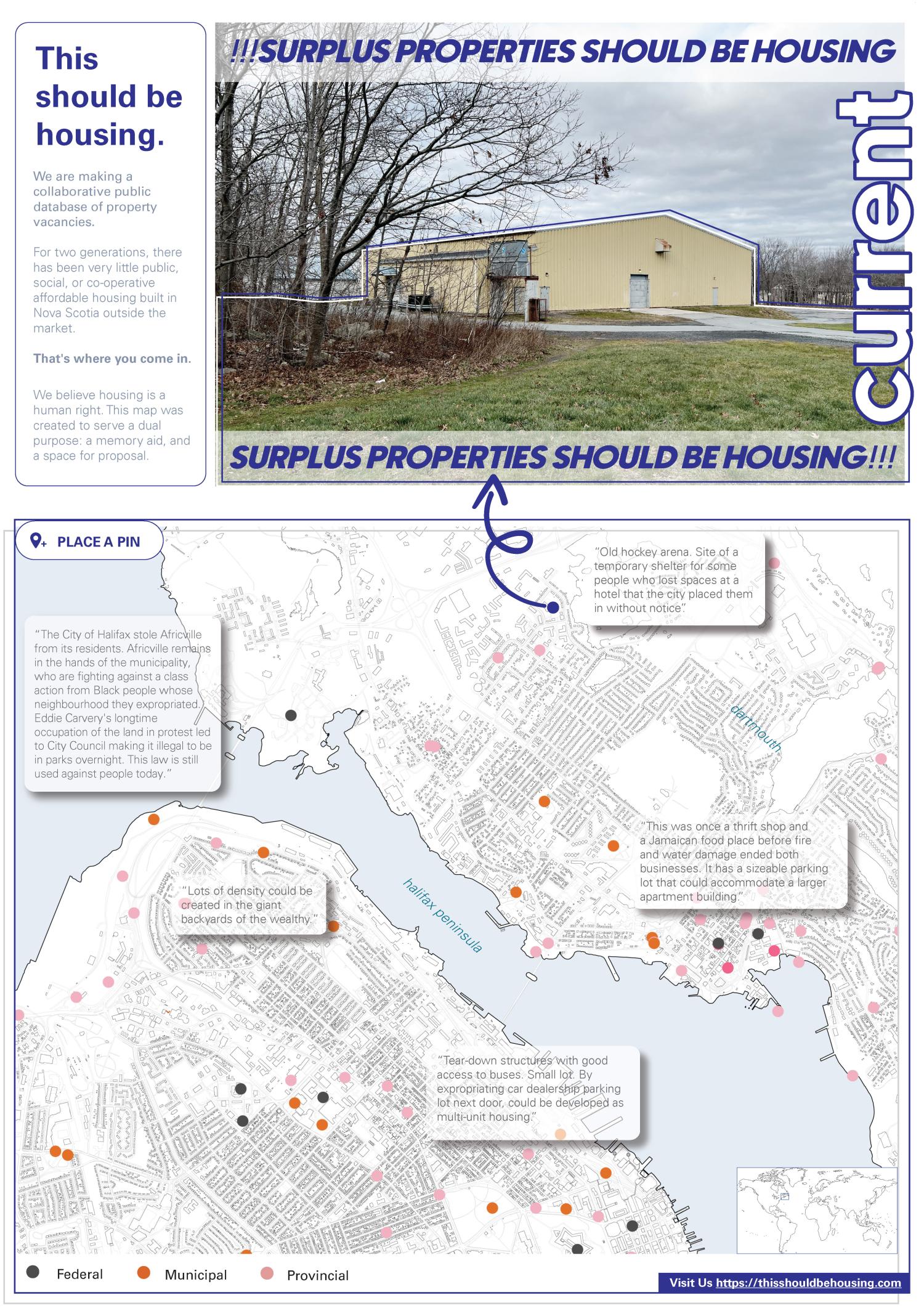 Page split in two horizontally. The top portion shows an image of an old hockey arena that was used as temporary shelter for some people who lost spaces at a hotel that the city placed them in without notice. The lower part of the page shows a zoomed out 