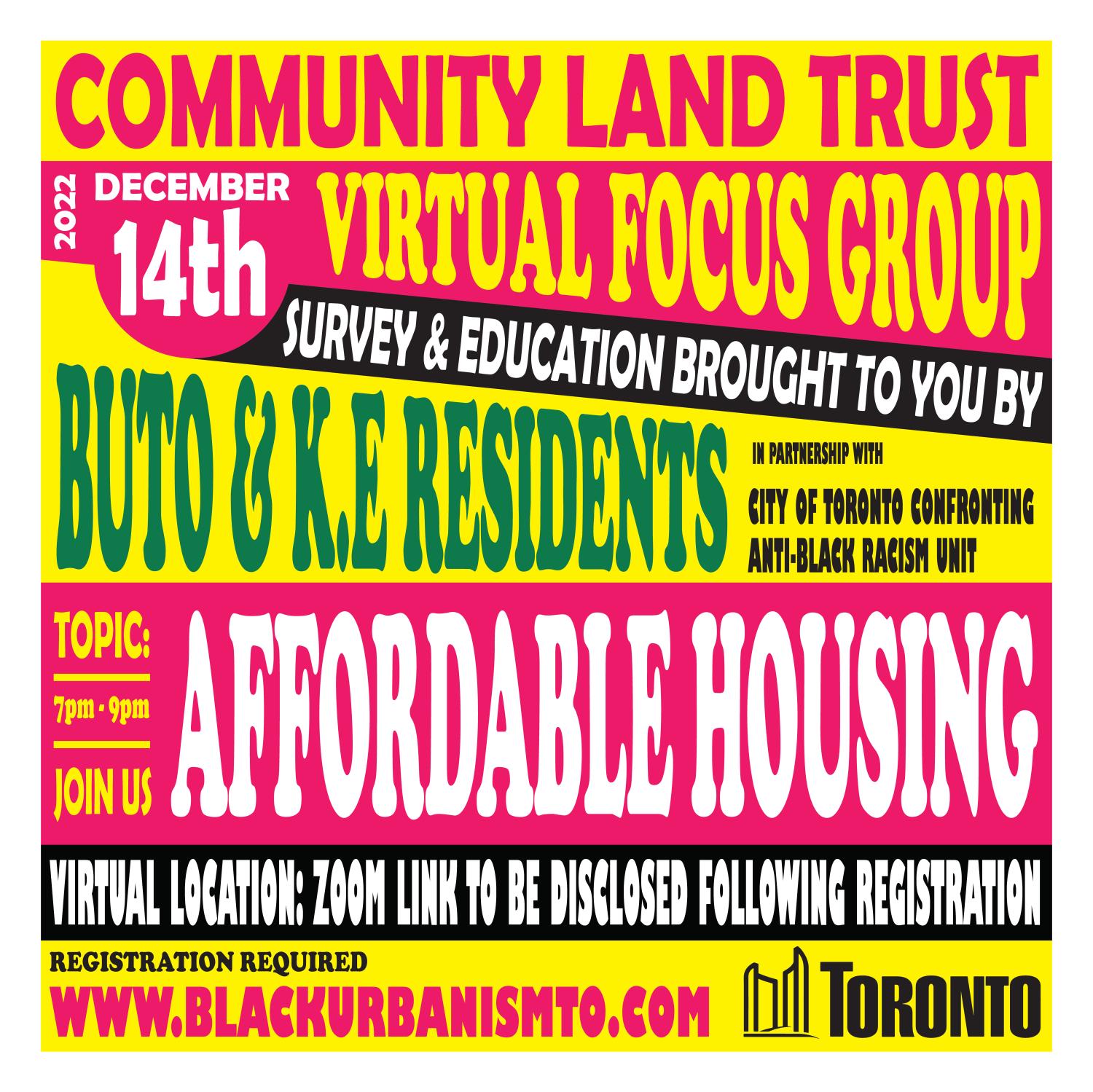 Multi-coloured poster advertising a Community Land Trust Virtual Focus group.