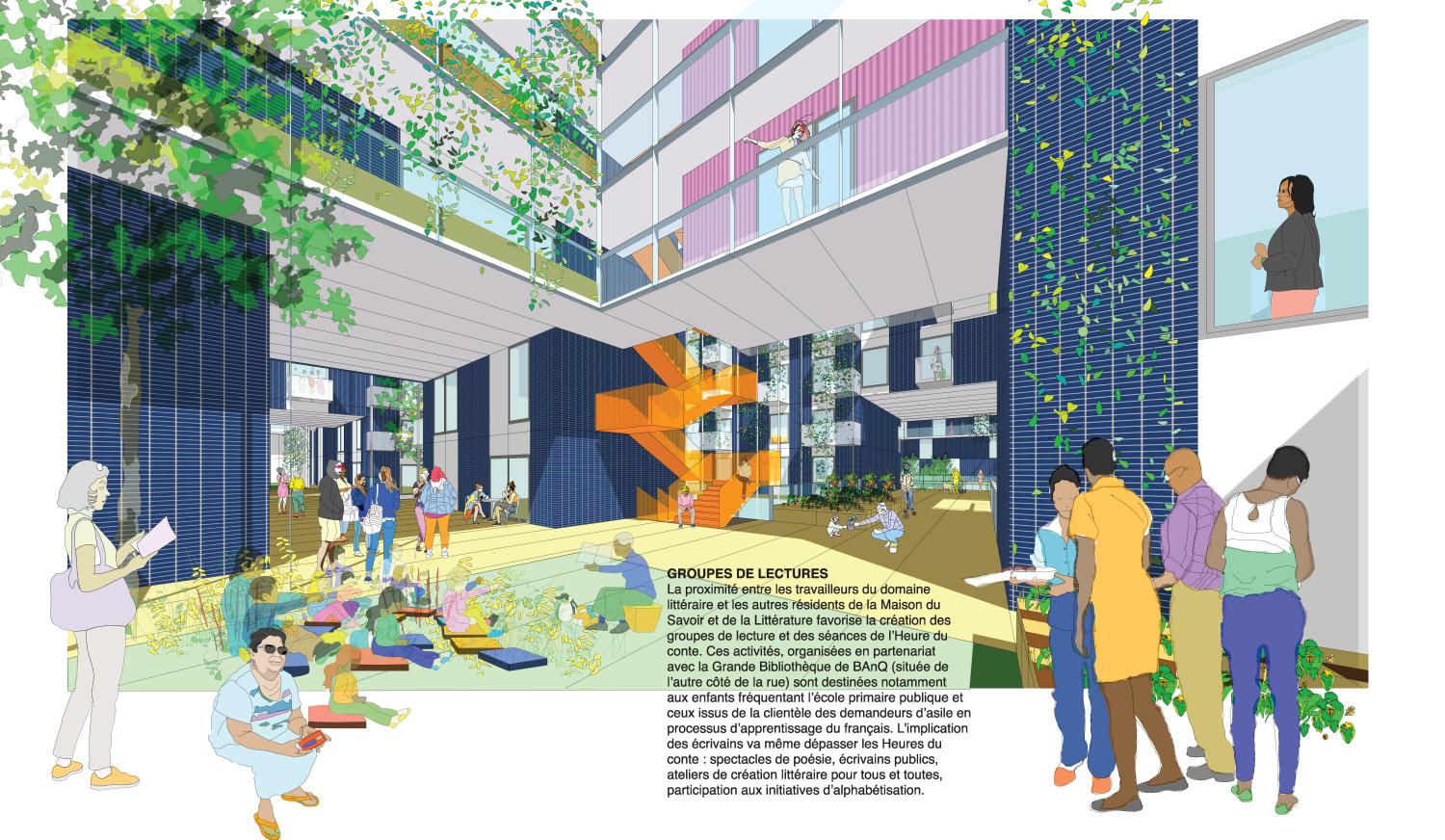 Perspective view of interior courtyard showing groups of people reading and socializing.