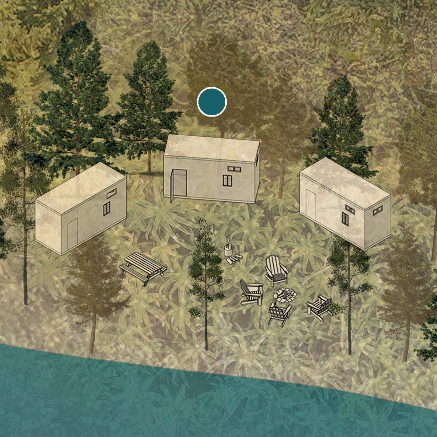 Group of three small buildings surrounding a picnic table, chairs, and a fire pit