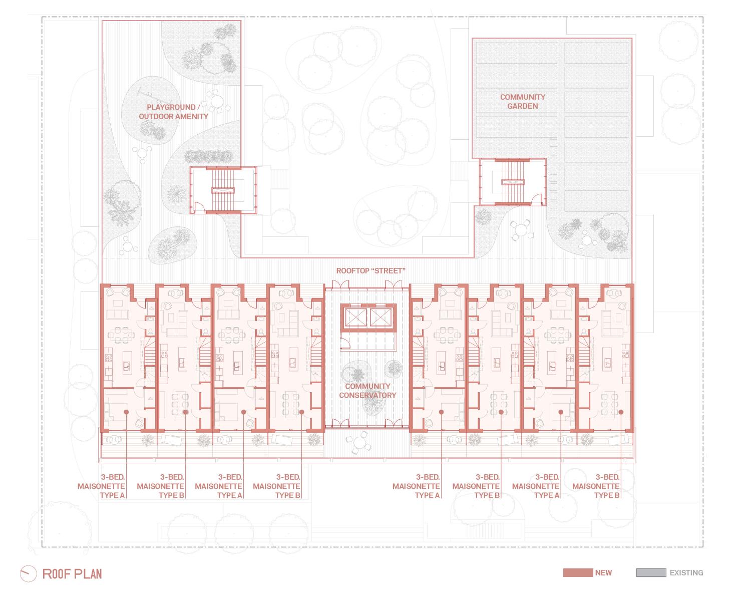 Roof plan showing a row of 3 bedroom maisonettes as well as outdoor rooftop amenities such as a playground and community garden.