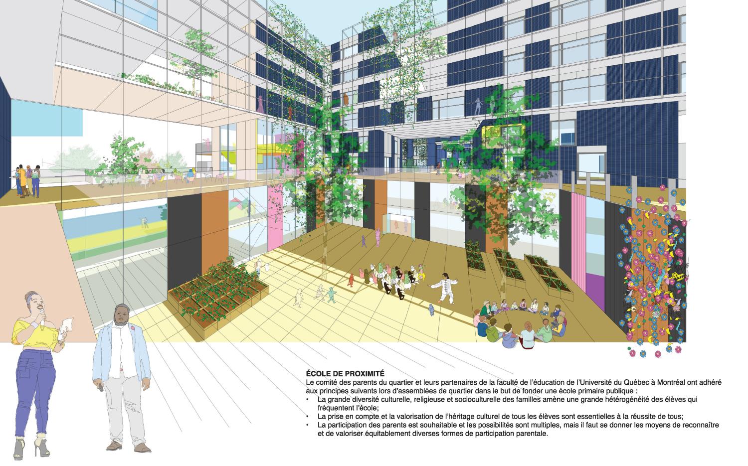 Interior perspective view of the project's school courtyard showing children learning and at play in the midground.