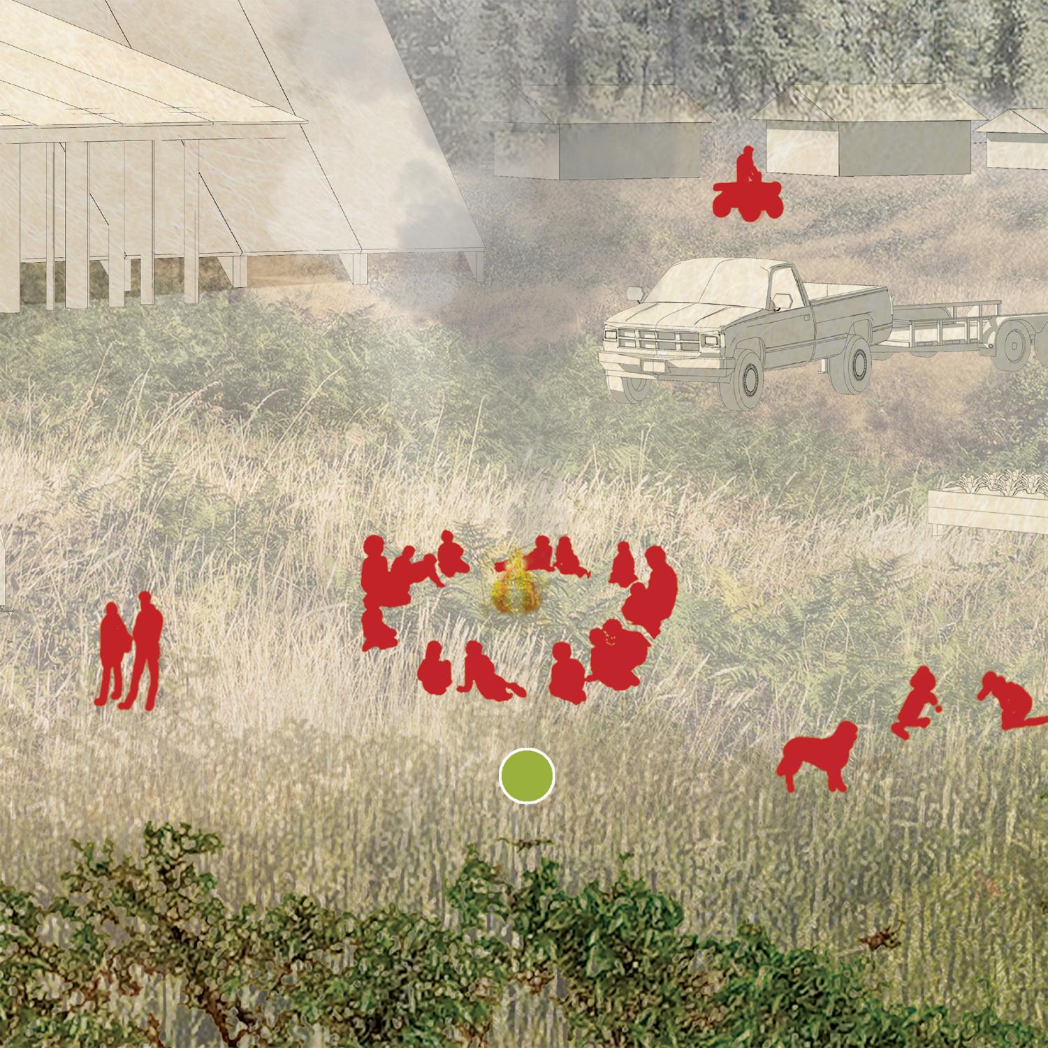 Circle of people sitting around a fire pit.