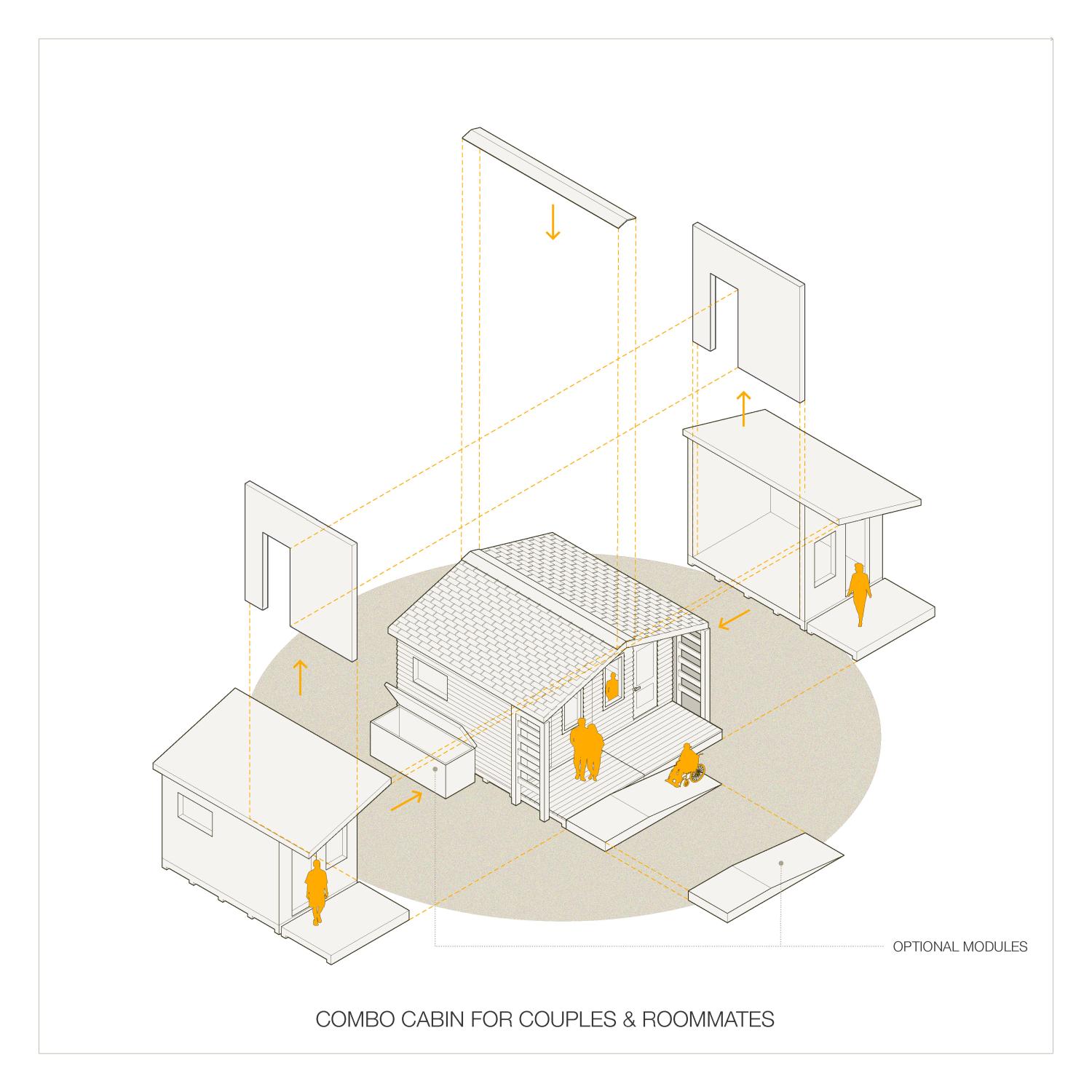 Exploded 3-D diagram showing two smaller cabins joining together into a single structure.