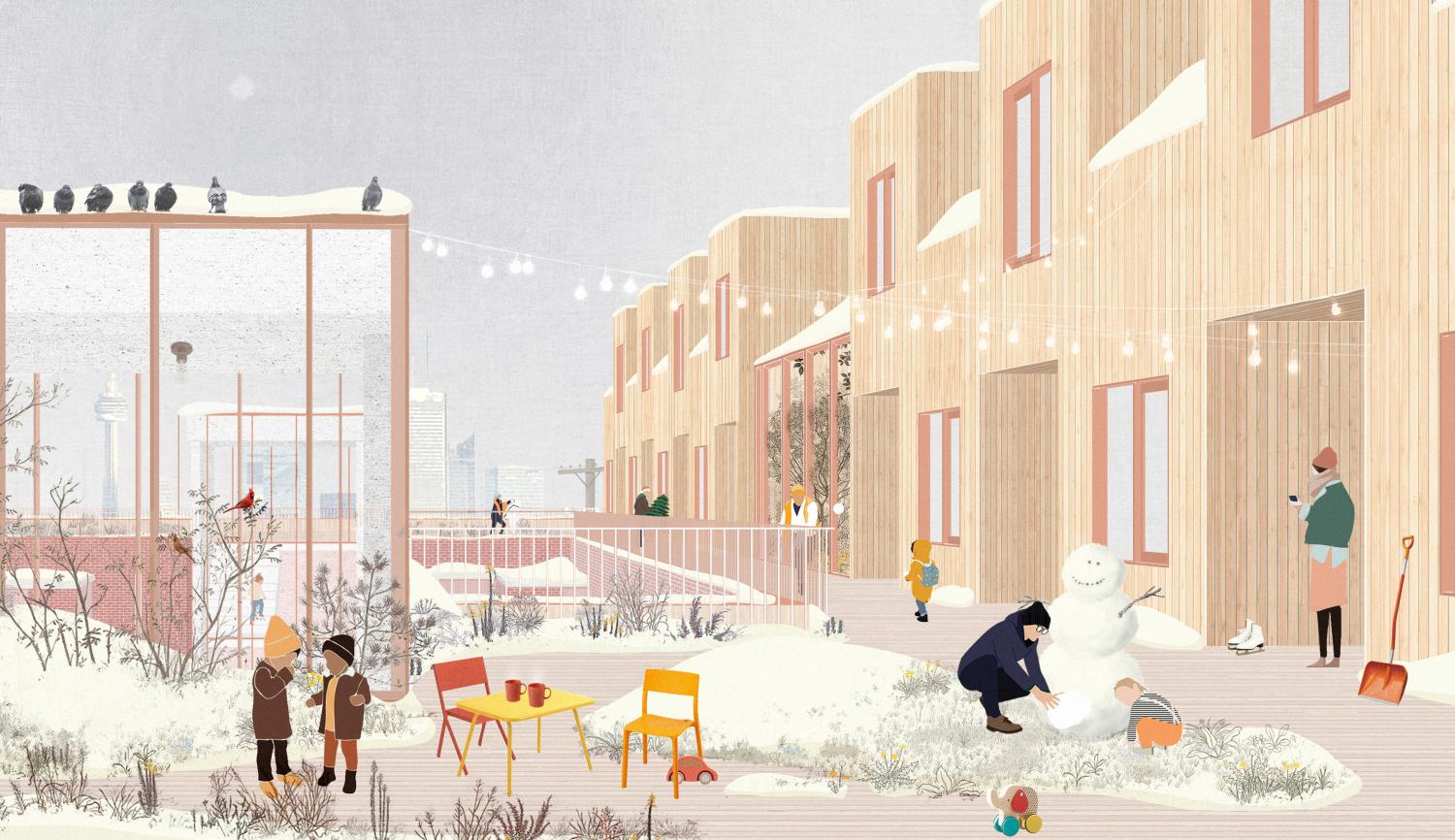 A wintertime perspective render showing the rooftop green space and townhouses with children playing in the foreground.