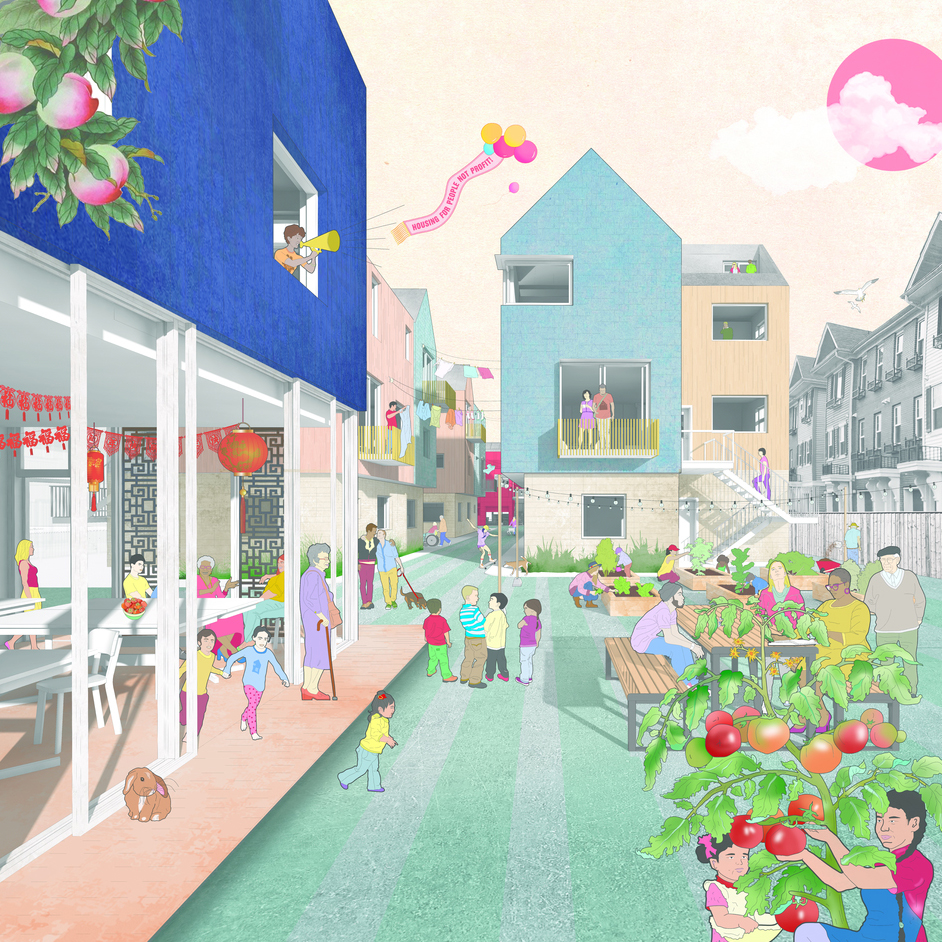 A community of diverse residents gathers for a collective meal amid buildings with connecting paths, shared gardens, play areas and amenity spaces.