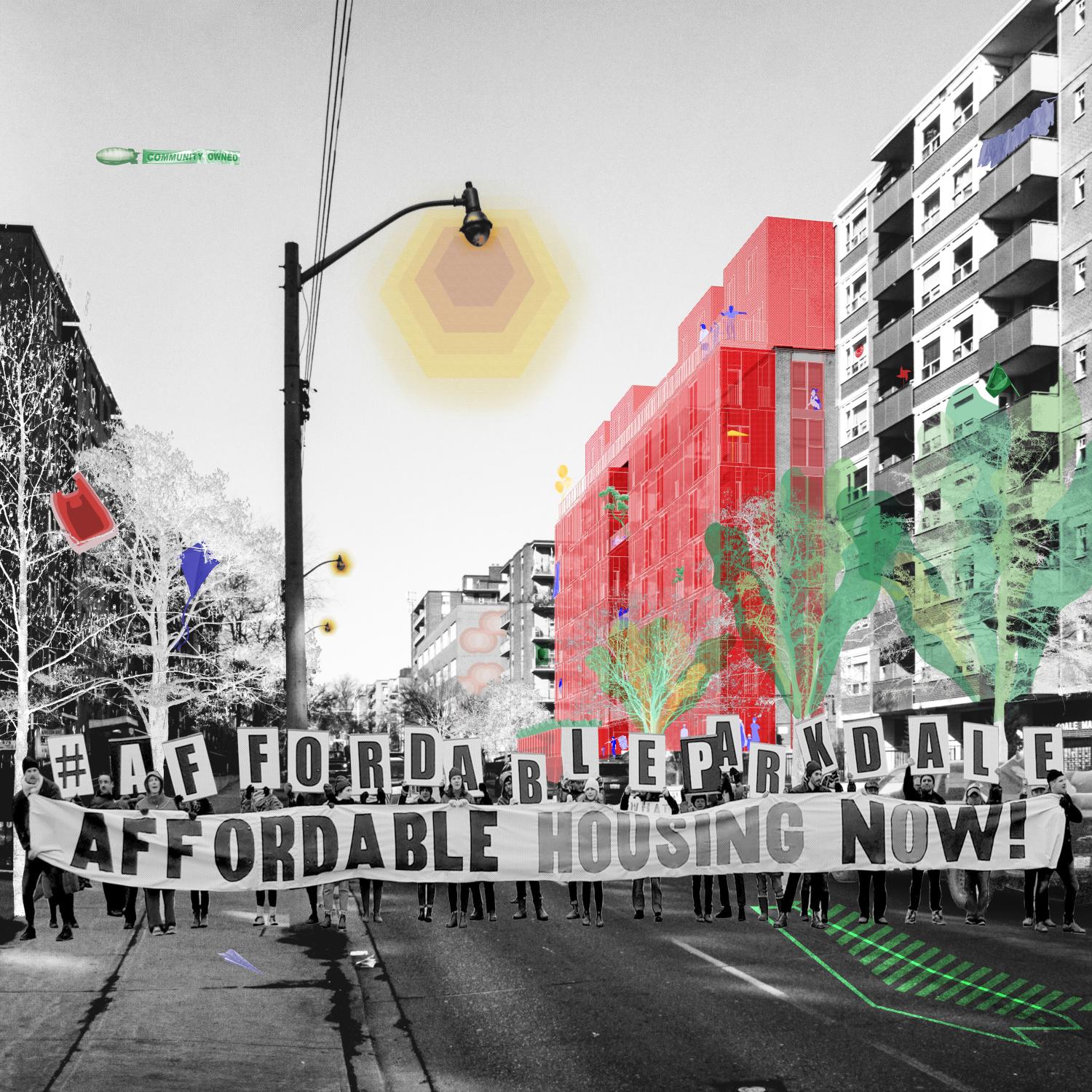 A street perspective view of an apartment building on Jameson Ave. with new housing additions superimposed in red, with activists in the foreground calling for new affordable housing now.