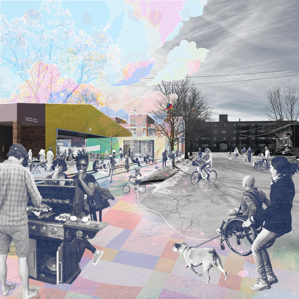 A community block-party is taking place at the Gerald B. Gray Memorial Arena building. Surrounding the building is a new mix of affordable and market-rate housing. The arena building has been transformed into an open space for various community-driven programs and has a food market that welcomes everybody. This is now a vibrant neighbourhood for living, working, growing food, and playing. The buildings in the background show the surrounding context. A diverse group of people are spending time together on th